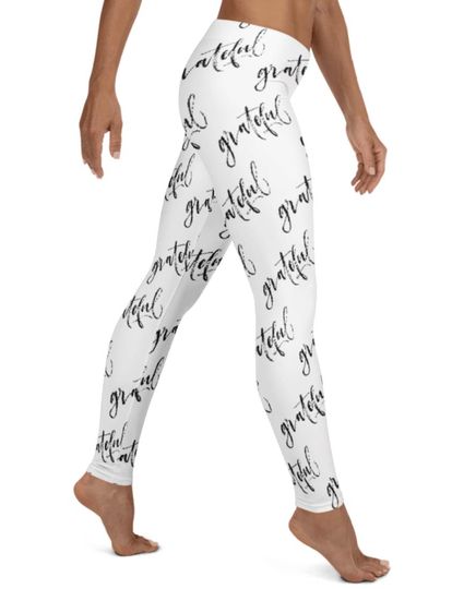 Discover Grateful Leggings ~ Women's White Black Casual Cozy Cute Gratitude Positive Vibes Thankful Stretchy Tight Pants | Mod Boho Chic Gift for Her
