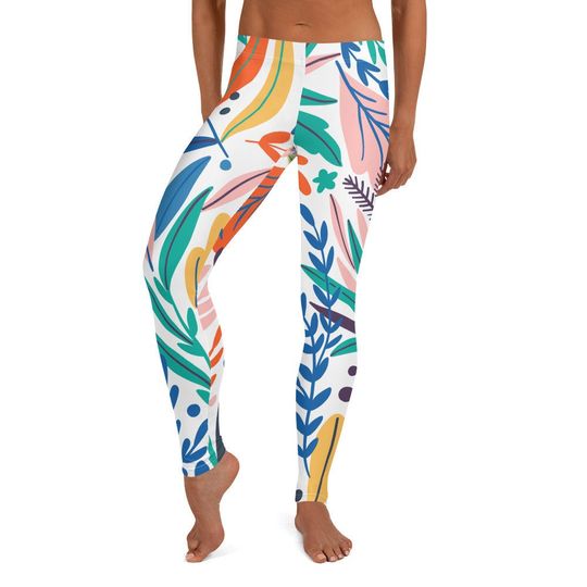 Discover Dottie Leggings ~ Women's Casual Cozy Wear Colorful Floral Abstract Stretchy Pants | Mod Boho Botanic Flower Contemporary Athleisure Look