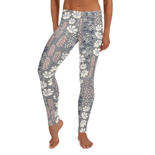 Discover Whisper Bloom Leggings ~ Women's Gray Pink Floral Flower Blooming Cozy Wear Cute Printed Stretchy Tight Pants | Soft Mod Boho Athleisure