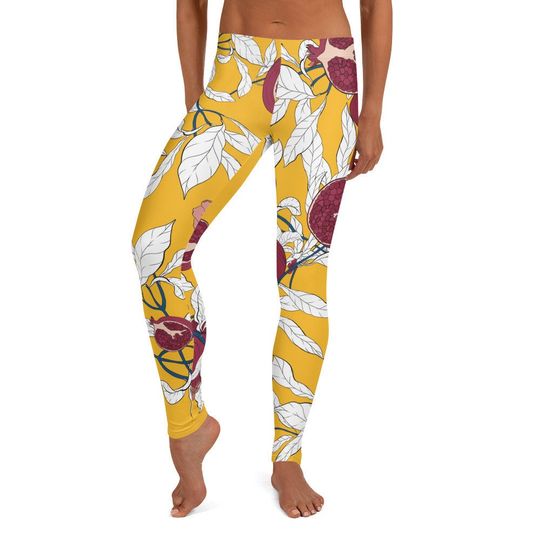 Discover Langham Leggings ~Women's Yellow Red White Cute Colorful Floral Flower Botanic Pomegranate Fruit Tree Mod Boho Abstract Stretchy Tight Pants