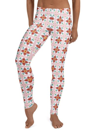 Discover Dessert Rose Leggings ~ Women's Pink Abstract Floral Geometric Lattice Mosaic Tile Graphics Printed Stretch Tights Pants | Cute Boho Legwear
