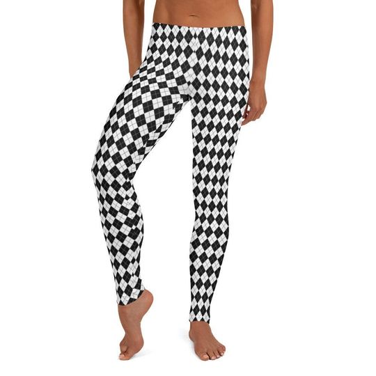 Discover She's a Proper Lady Leggings ~ Women's Timeless Black White Diamond Shape Pattern Preppy Argyle Tartan Printed Stretchy Tights Pants for Her