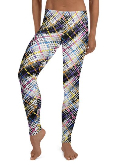 Discover Digital Plaid Leggings ~ Women's Colorful Cute Abstract Tartan Checked Grid Criss Cross Wired Printed Graphics Stretchy Tights Pants for Her