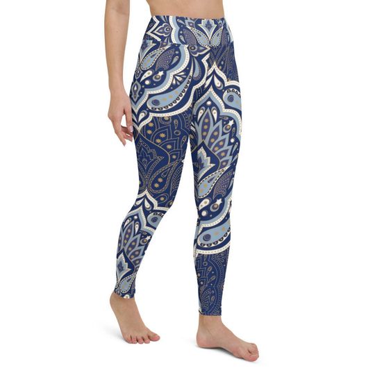 Discover Dreamy Leggings ~ Women's Casual Cozy Wear Cute Blue HIGH Waist Abstract Mandala Printed Stretchy Tights Pants | Mod Boho Athleisure for Her