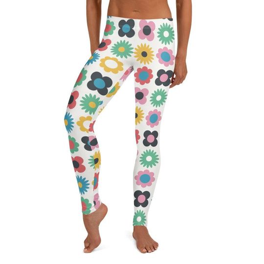 Discover Kari's Floral Leggings ~ Womens Casual Wear Cute Colorful Abstract Bloom Floral Flowers Printed Stretchy Tights Pants | Mod Boho Style Her