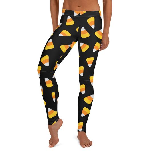 Discover Candy Corn Leggings ~ Women's Black Yellow Orange Sugar Sweet Treats Printed Stretchy Tights Pants | Halloween Costume Party Legwear for Her