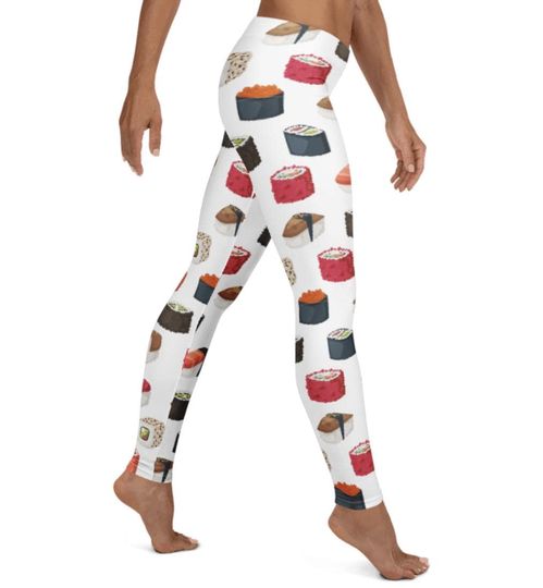 Discover I Heart Sushi Leggings ~ Women's White LOL Funny Gag Gift Asian Nigiri Sashimi Maki Printed Stretch Tight Pants | Foodie Chef Cook Legwear