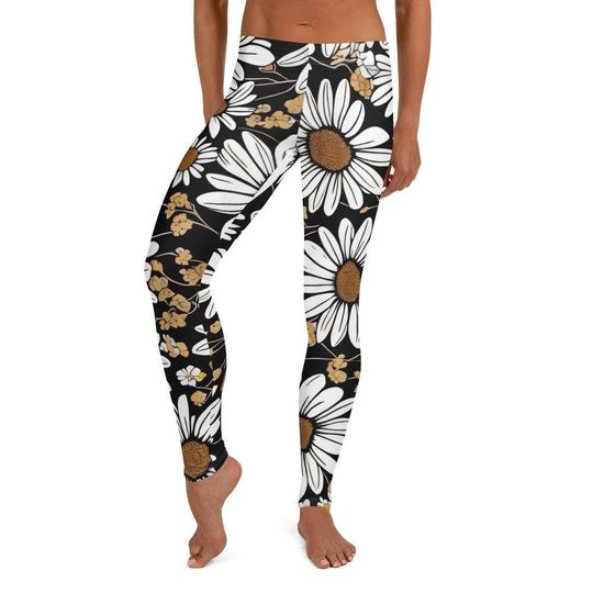 Discover Jia Leggings, Black Brown White ~ Women's Casual Wear Cozy Cute Sunflower Floral Printed Stretchy Tight Pants | Mod Boho Lagenlook Style Her