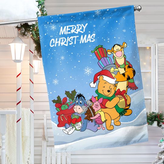Discover Disney Winnie the Pooh Christmas Garden Flag, Eeyore, Tigger, and Piglet Happy Holidays Christmas Yard Flag, Disney Christmas Decor