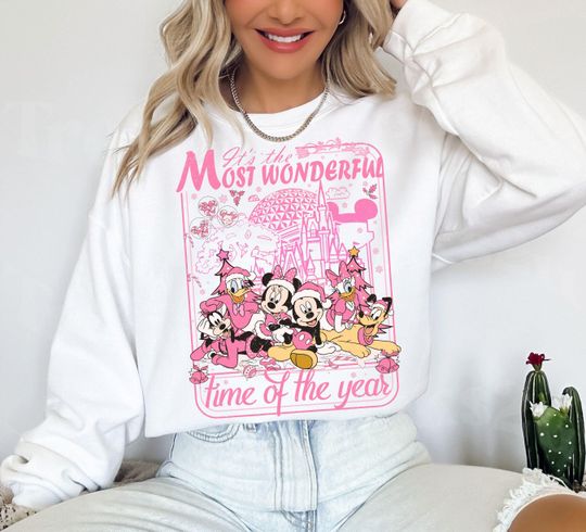Discover Disney Pink Christmas Most Wonderful Time Of the Year Sweatshirt, Disney Christmas Girl Trip Gifts, Mickey's Very Merry Christmas Party