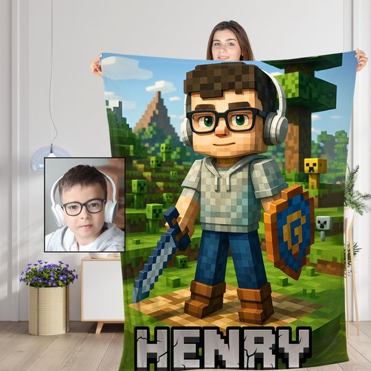 Discover Personalized Pixel-Style Blanket,Custom Face & Name Gamer Blanket, Game Lover Gift for Kids/Boys/Son, Videogames Gift Birthday or Christmas.