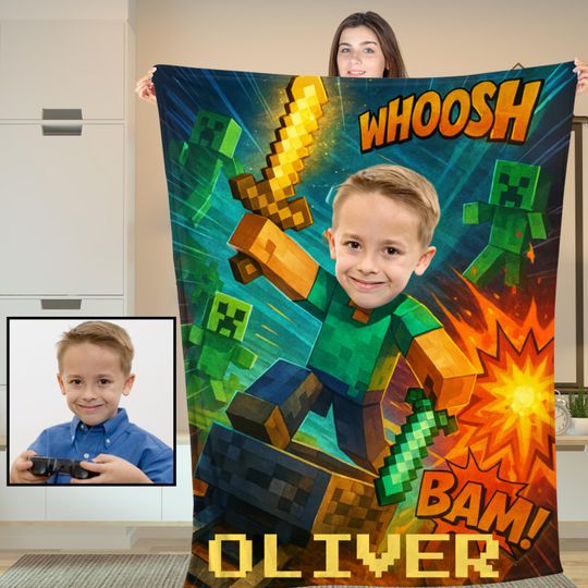Discover Personalized Pixel-Style Blanket,Custom Face & Name Gamer Blanket, Game Lover Gift for Kids/Boys/Son, Videogames Gift Birthday or Christmas.