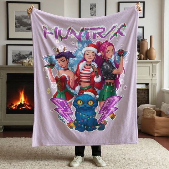 Discover Huntrix Kpop Christmas Blanket  Cute Anime Girl Band Holiday Cozy Fleece Blanket  Fun Xmas Gift for Teens Fans Room Decor