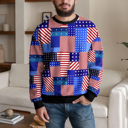 American Flag Patchwork Ugly Christmas Sweater for Men Women, Patriotic Stars and Stripes USA Flag Sweatshirt, 4th of July Holiday Outfit