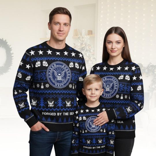 US Navy Ugly 250th Years USA Christmas Sweater, Forged By The Sea Military Sweater, Navy Veteran Christmas Gift For Men Women