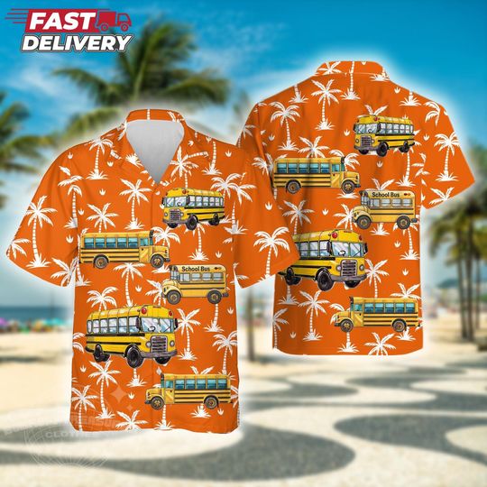 School Bus Hawaiian Shirt for Men and Women with Palm Tree Design