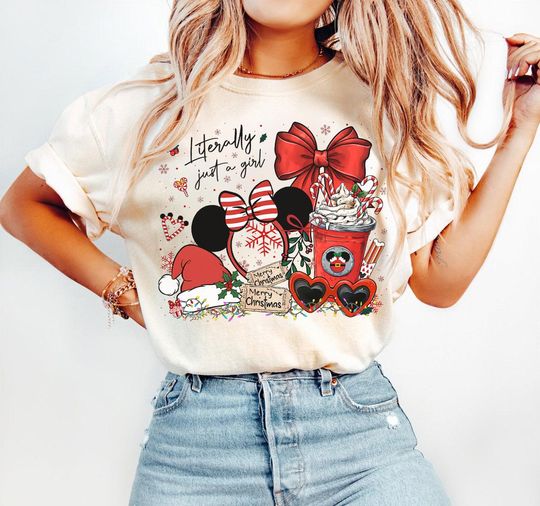 Discover Disney Literally Just A Girl Christmas Park Girl Shirt, Disney Coquette Bow Christmas Trip Gifts, Mickey's Very Merry Christmas Party