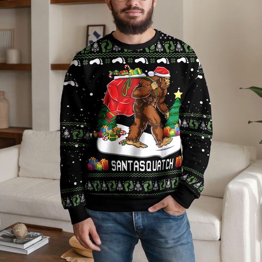 Discover Funny Santasquatch Ugly Christmas Sweater for Men Women, Bigfoot Santa Claus with Gifts Holiday Sweatshirt, Cryptid Xmas Party Outfit