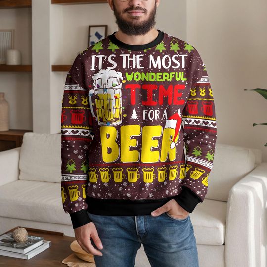 Discover Funny Beer Ugly Christmas Sweater for Men Women, It's The Most Wonderful Time for a Beer Sweatshirt, Holiday Party Drinking Gift Shirt