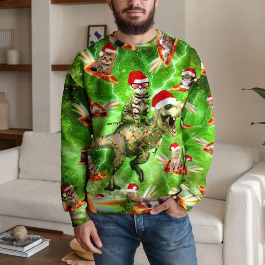 Discover Funny Cat Riding T-Rex Dinosaur Ugly Christmas Sweater for Men Women, Santa Cats on Pizza Galaxy Sweatshirt, Crazy Holiday Party Outfit