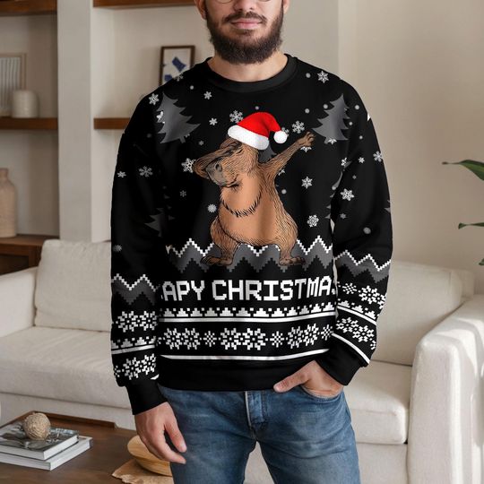 Funny Dabbing Capybara Ugly Christmas Sweater for Men Women, Hilarious Santa Hat Capybara Sweatshirt, Cute Animal Meme Holiday Outfit
