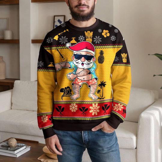 Funny Hawaiian Santa Ugly Christmas Sweater for Men Women, Beach Tropical Xmas Sweatshirt, Tattoo Santa Holiday Party Outfit Winter Gift