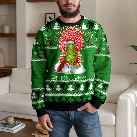 Funny Green funny character Christmas Is Coming Sweater for Men Women, Holiday funny character Style Ugly Christmas Sweater, Cozy Winter Party Pullover Gift