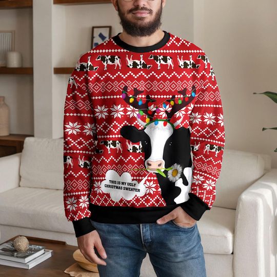 Funny Cow Ugly Christmas Sweater for Men Women, Farm Animal Xmas Sweatshirt, Red Festive Winter Cow Lover Sweater Gift for Christmas Party