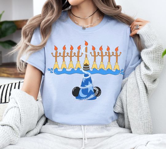 Discover Disney Magical Menorah Hanukkah Mickey Hat Fantasia Magic Brooms Shirt, Jewish Family Hanukkah Gift, Disney Festival of Lights Matching Tee