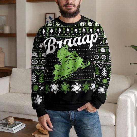 Discover Funny Snowmobile Braaap Ugly Christmas Sweater for Men Women, Green Snow Sledding Holiday Sweatshirt, Winter Sports Xmas Gift for Riders