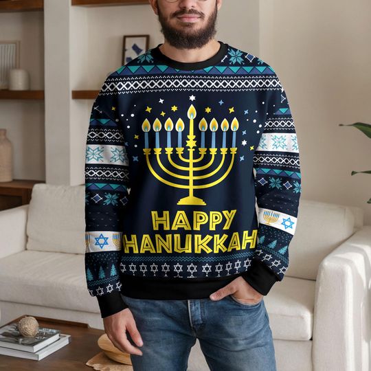 Happy Hanukkah Menorah Ugly Sweatshirt, Jewish Festival of Lights Sweater, Blue and Gold Ugly Hanukkah Sweater Gift for Holiday Men Women
