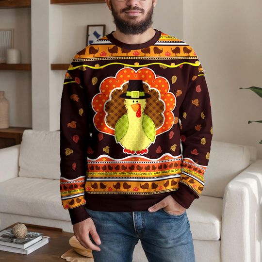 Funny Turkey Thanksgiving Ugly Sweatshirt, Cute Pilgrim Turkey Ugly Fall Sweater, Holiday Party Outfit & Autumn Gift for Men Women Family