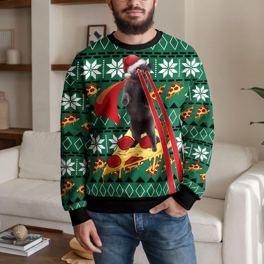Discover Funny Pizza Cat Christmas Ugly Sweatshirt, Ugly Xmas Sweater with Santa Hat Cat and Pizza Design, Holiday Gift for Men Women Cat Lovers