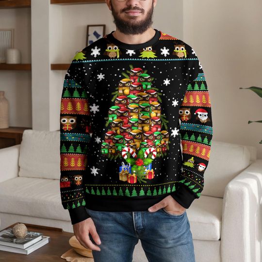 Discover Funny Owl Christmas Tree Ugly Sweatshirt, Cute Holiday Ugly Sweater with Owl Pattern, Xmas Gift for Men Women Holiday Party Outfit