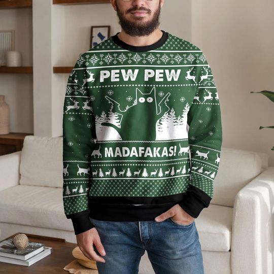 Discover Funny Pew Pew Madafakas Cat Christmas Sweatshirt, Hilarious Ugly Xmas Sweater Gift for Men Women Cat Lovers, Holiday Party Outfit Unisex