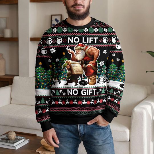 Discover No Lift No Gift Christmas Sweater, Funny Santa Gym Holiday Sweatshirt, Fitness Workout Xmas Gift for Men Women Weightlifters and Gym Lovers