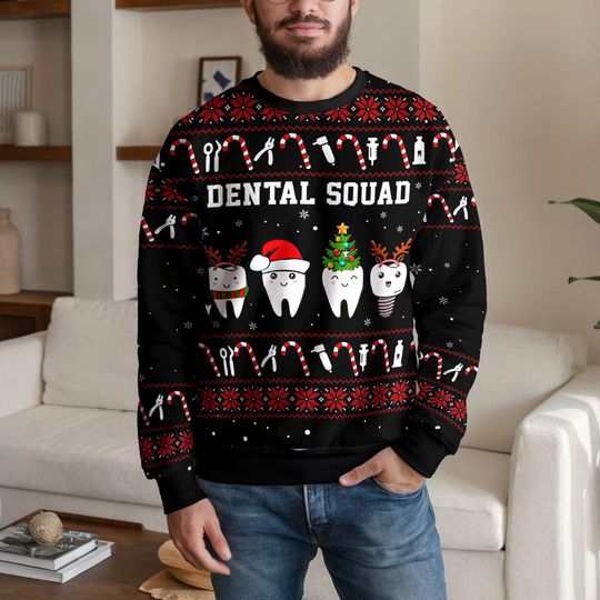 Discover Dental Squad Christmas Ugly Sweater, Funny Dentist Tooth Xmas Sweatshirt, Holiday Gift for Dental Hygienist, Assistant, and Dentist Crew