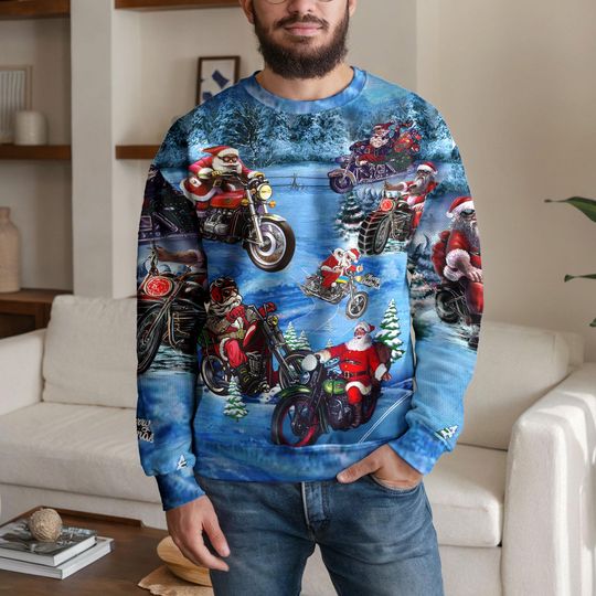 Santa Riding Motorcycles Christmas Sweater, Biker Santa Claus Holiday Sweatshirt, Funny Motorcycle Lover Ugly Xmas Jumper for Men and Women