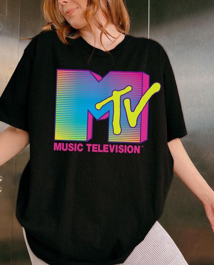 Discover MTV Logo Fluorescent Colors Retro 90s T-Shirt, Retro 90s MTV Family Matching Shirt, MTV Birthday Girl Music Television Signal Logo T-Shirt
