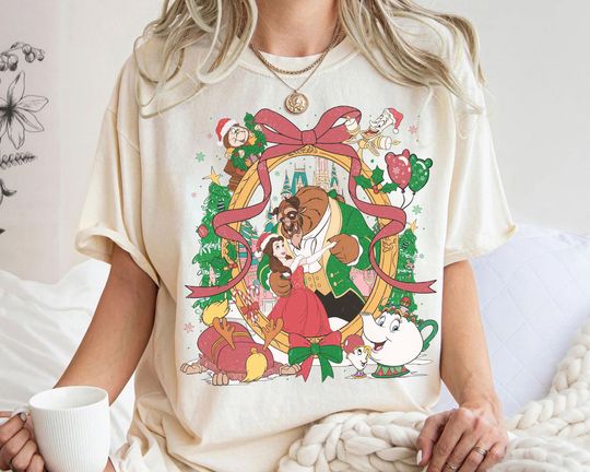 Discover Disney Beauty and The  Beast Coquette Bow Christmas T-Shirt, Disney Princess Belle Christmas Shirt, Disneyland Princess Girl Xmas Trip Tee