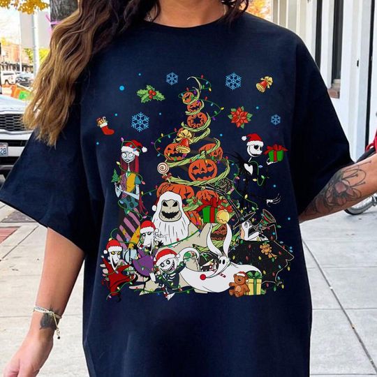 Discover Disney Nightmare Before Christmas Character Xmas Tree Shirt, Disney Christmas Holiday Shirt, Jack Skellington Sally Oogie Boogie Xmas Shirt
