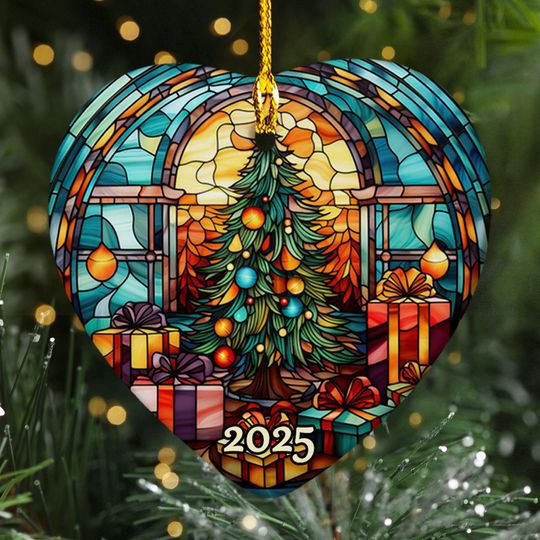 Winter Christmas Tree Ornament, Stained Glass 2025 Christmas Tree Decor