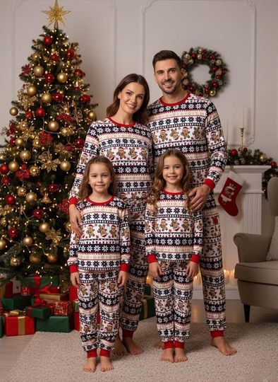 Discover Gingerbread Family Christmas Pajamas, Cozy Long Sleeve Pajamas Set, Holiday Xmas Gift
