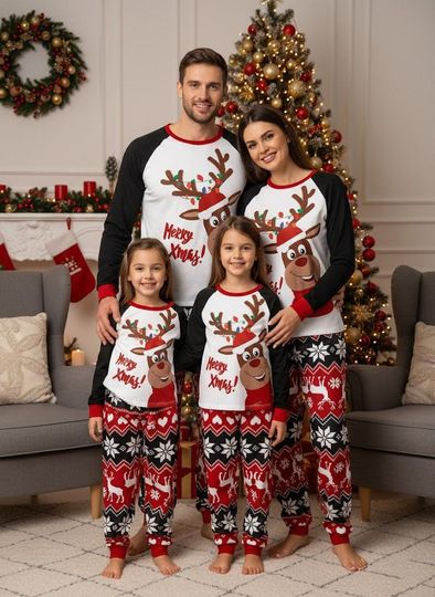 Discover Reindeer Family Christmas Pajamas, Merry Xmas Reindeer Pajama Set, Holiday Loungewear Gift