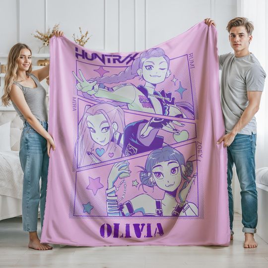 Discover Custom Huntrix Blanket, Personalized Kpop Demon Hunter Plush Blanket, Custom Huntrix Rumi, Mira, Zoey Blanket, Gift for Huntrix fans