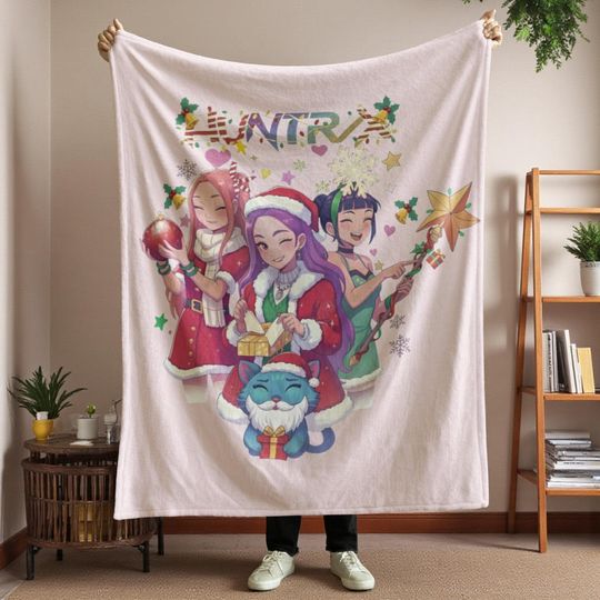 Kpop Huntrix Christmas Fleece Blanket with Anime Girl Design, Cozy Holiday Bedding for Teens and Fans