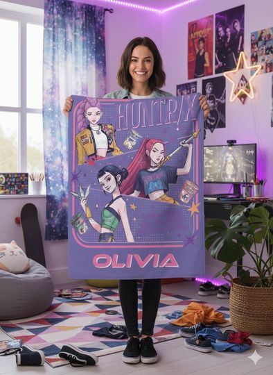 Discover Kpop Demon Hunter Personalized Blanket, Huntrix Demon Hunter Custom Blanket, Kpop Demon Huntrix Gift, Rumi Mira Zoey Blanket, Custom Gift