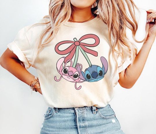 Discover Disney Lilo and Stitch 2025 Stitch and Angel Cherry Coquette Bow T-Shirt, Disneyland Matching Family Shirt, Magic Kingdom Trip Matching Tee