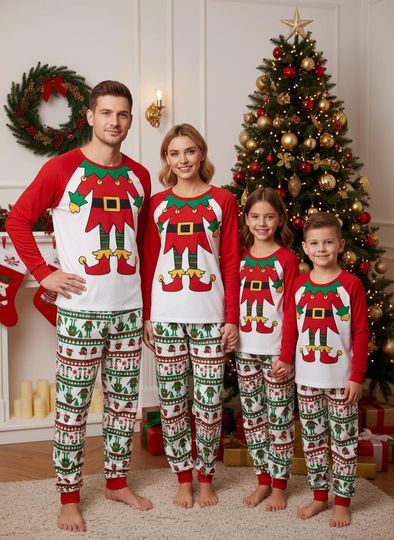 Elf Family Christmas Pajamas Set, Holiday Loungewear Xmas Gift