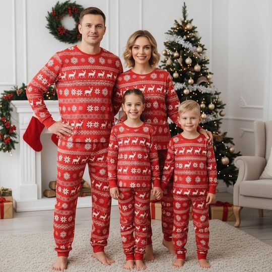 Discover Reindeer Family Christmas Pajamas, Red Snowflake Pajamas Set, Cozy Holiday Gift